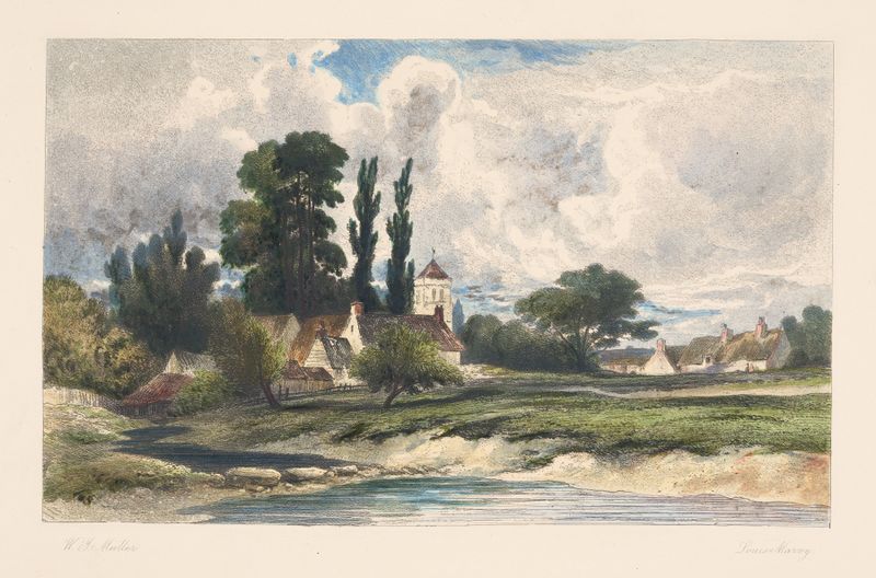 Paisagem rural com lago e casas, óleo sobre tela de Louis Marvy