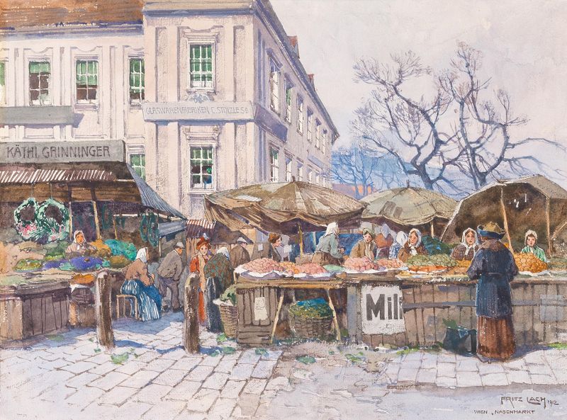 Cena de mercado vibrante com frutas e vegetais, pintura a óleo de Fritz Lach