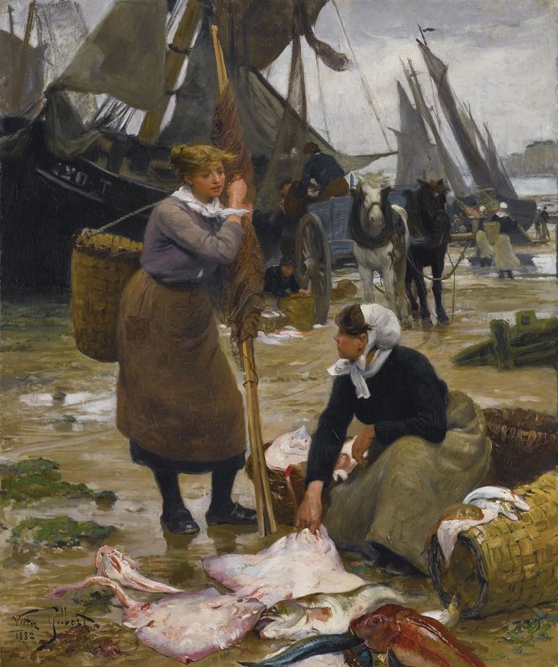 Pintura a óleo de Victor Gabriel Gilbert mostrando barcos de pesca em uma baía tranquila ao pôr do sol.