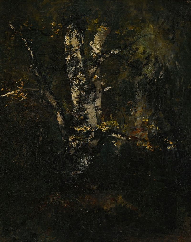 Vieux Troncs De Hêtres by Narcisse-Virgile Diaz de La Peña, oil painting of ancient beech trees at twilight.
