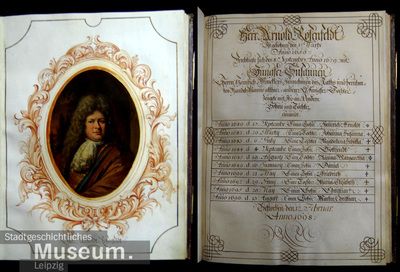 Retrato de Arnold Rosenfeldt, óleo sobre tela de Johann Heinrich Am M, ricamente decorado com folhagem.