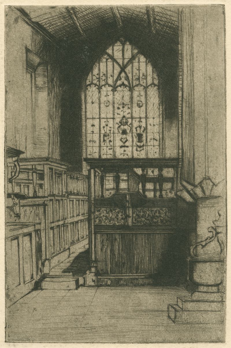 Grabado de David Young Cameron que muestra arcos ornamentales y sombras en The Chapel Haddon Hall.