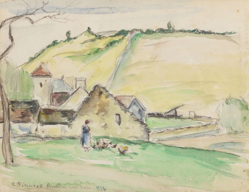 Landscape of fields under stormy skies, oil painting by Camille Pissarro