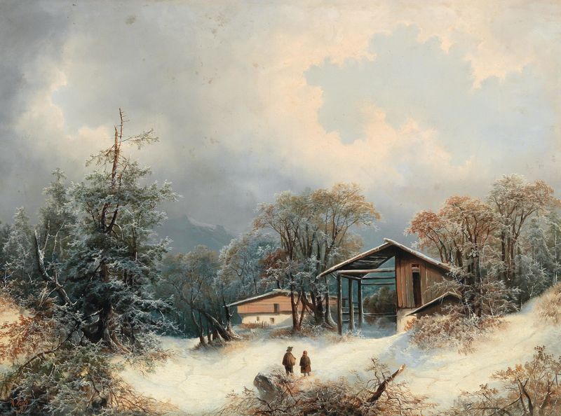 Winter landscape with decorative figures, oil on canvas by Albert Lang