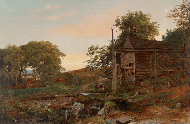 The Watermill de Jasper Francis Cropsey, óleo sobre tela que retrata uma paisagem tranquila com um moinho de água.