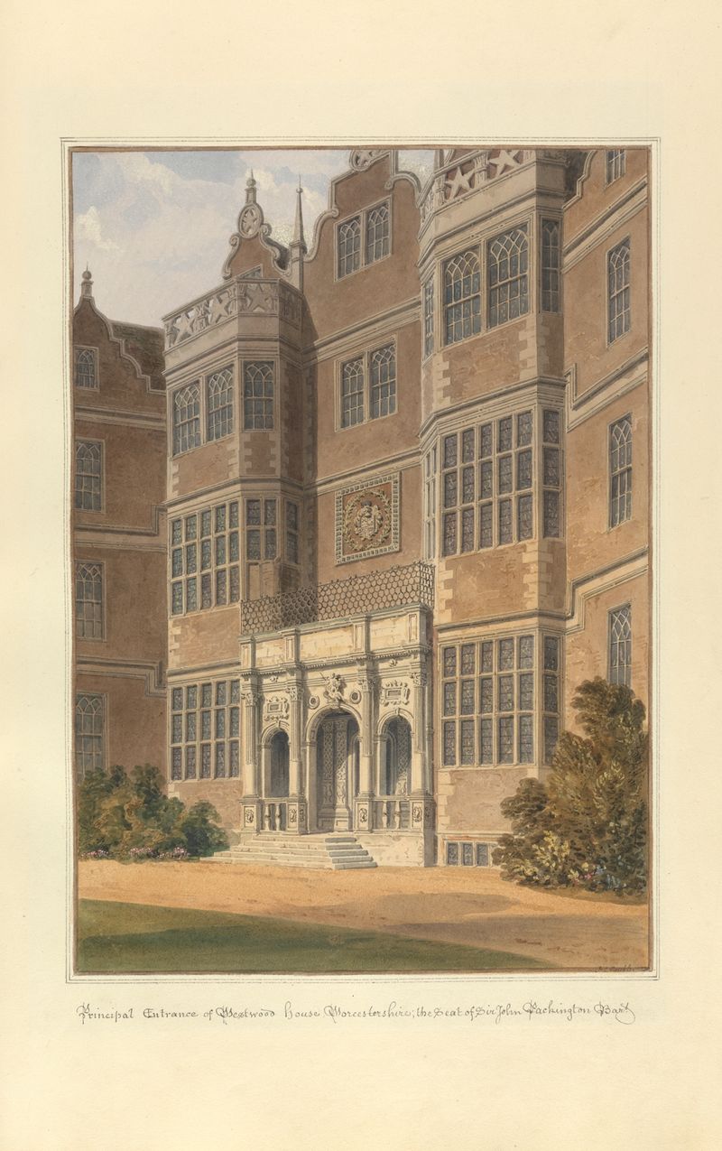 Entrada principal de Westwood house, Worcestershire, acuarela de John Buckler