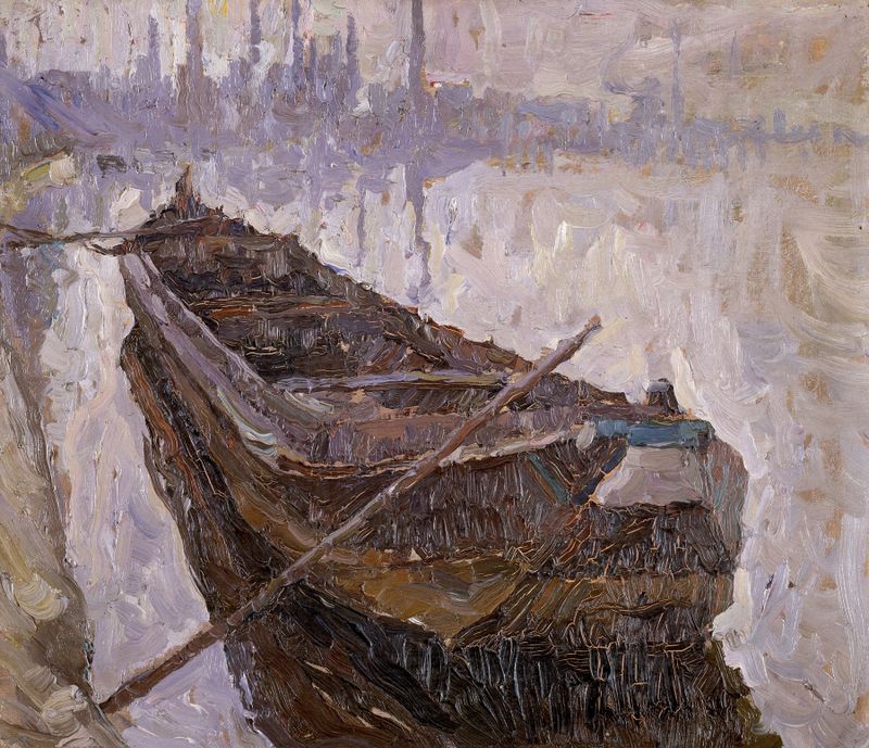 Boat on the Meuse by Albert Baertsoen, oil on canvas, depicting a tranquil river scene with reflections.
