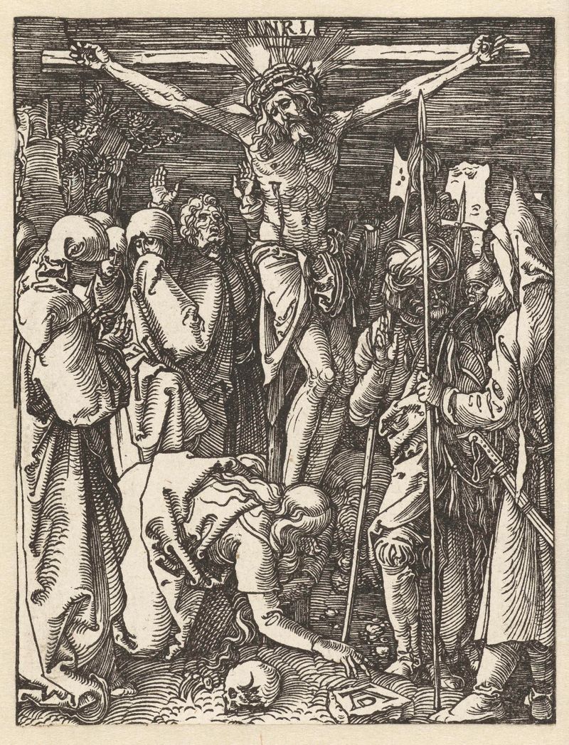 Grabado Kruisiging de Albrecht Dürer que representa la crucifixión con luz y sombra dramáticas.