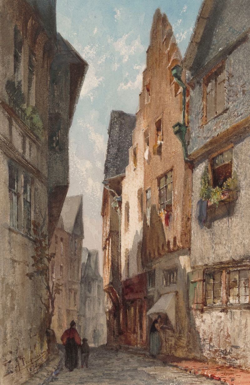 Cityscape de Alphonse Pecquereau, obra de realismo retratando a arquitetura urbana sob um céu sombrio.