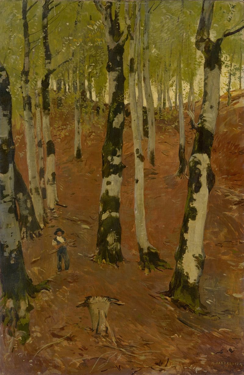 Beech Grove with Wood Gatherer by Hans Sandreuter, oil on canvas depicting a forest scene