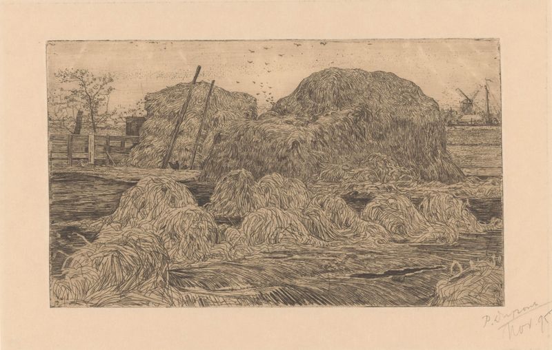 Hooibergen op een akker, óleo sobre tela de Pieter Dupont que retrata montes de feno em campos dourados.