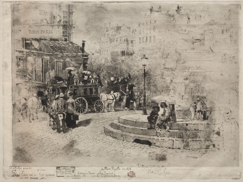 Place Pigalle en 1878 de Félix Hilaire Buhot, impresionismo, representando techos y luz sobre adoquines.