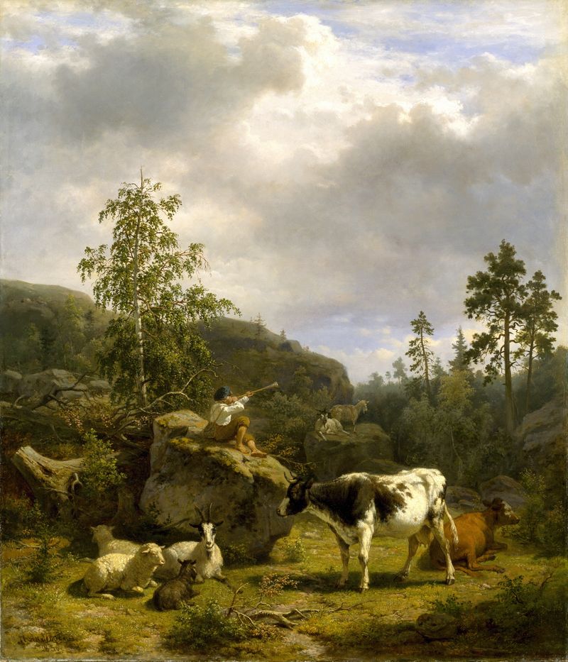 Forest landscape with a shepherd boy and cattle by Nils Andersson, oil painting
