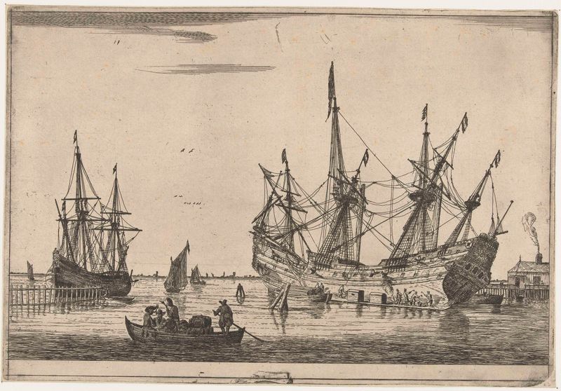 Grabado de Reinier Nooms que muestra el casco de un barco en el agua.