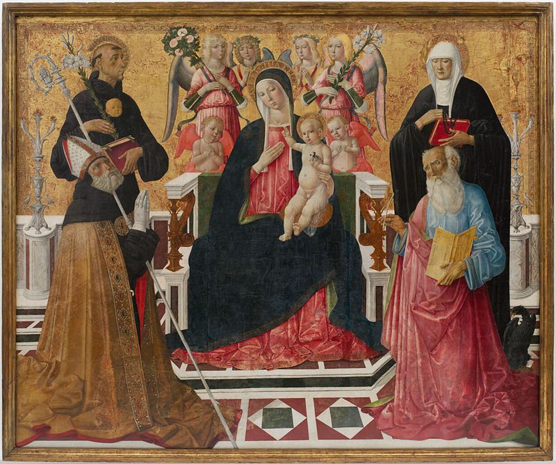 Madonna y Niño con Santos Nicolás, Mónica, Agustín y Juan Evangelista, temple sobre panel de Girolamo di Benvenuto