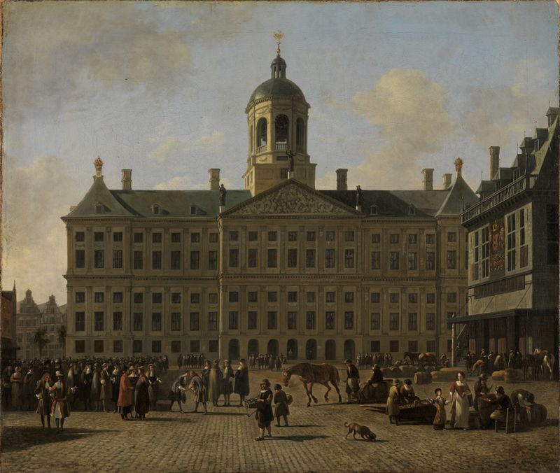 Der Damplatz zu Amsterdam mit dem Rathaus und der Waage, oil on canvas by Gerrit Adriaensz. Berckheyde