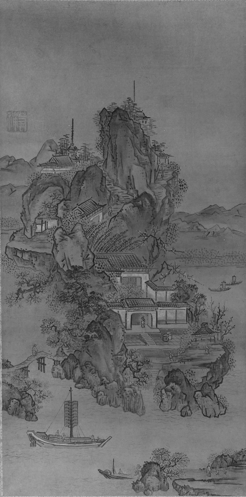 Paisaje de Matsu'ura Tōzen, tinta y color sobre papel, que representa un río y follaje.