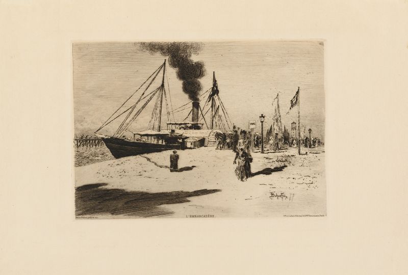 O Píer em Trouville, gravura de Félix Hilaire Buhot mostrando figuras sob um toldo.
