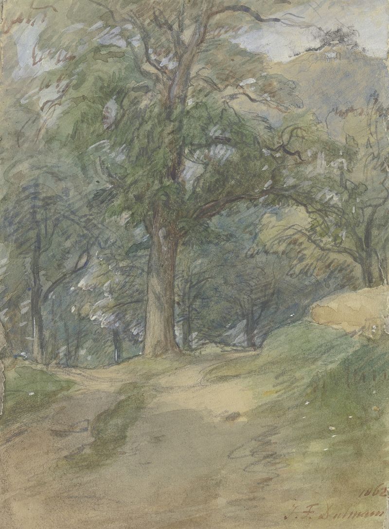 Sunny forest path, oil on canvas by Jakob Fürchtegott Dielmann
