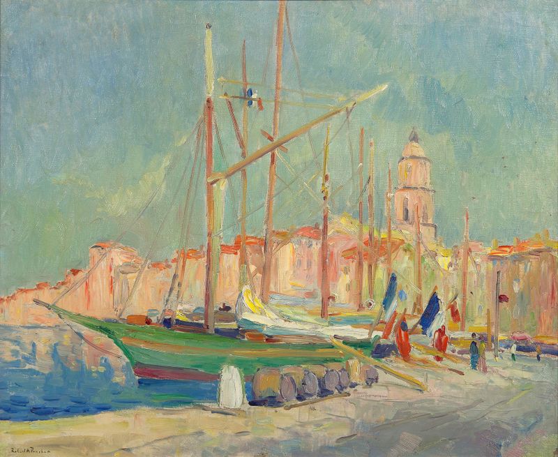 Marine scene with boats and flags by Robert Antoine Pinchon, oil painting