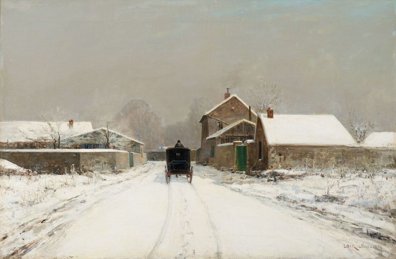 L’Avenue de Neuilly on a Winter Day, pintura a óleo de Luigi Loir mostrando uma avenida nevada com árvores nuas.