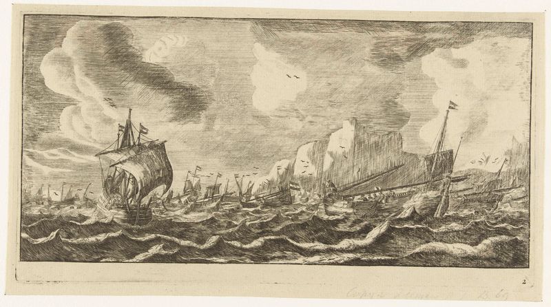 Haringbuizen op zee, gravura de Unknown Artist retratando um mar tumultuoso com ondas quebrando.