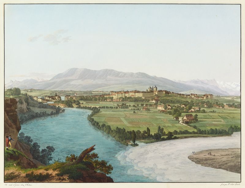Landscape depicting the confluence of the Arve and Rhône rivers, oil painting by Jean-Antoine Linck