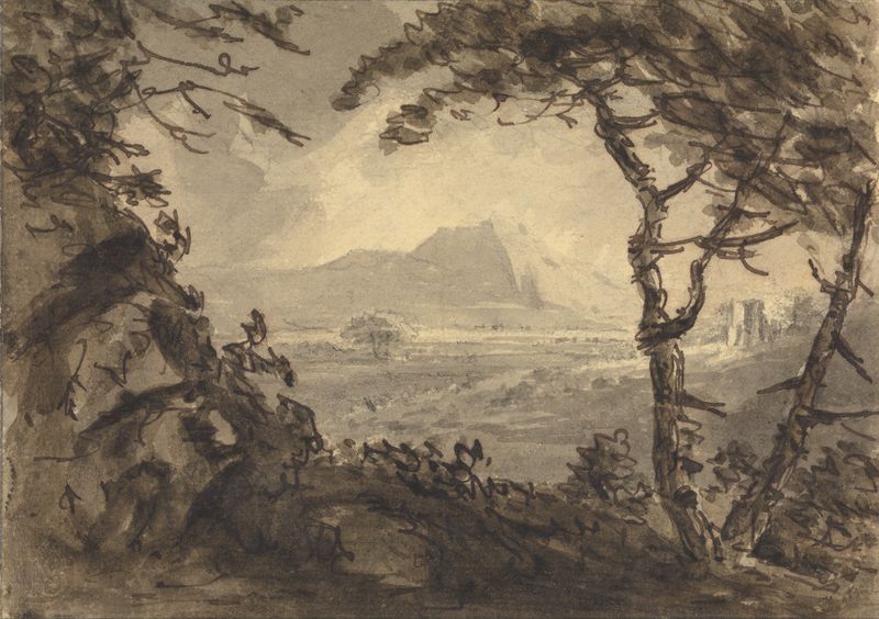 Paisaje con montaña en la distancia central, pintura al óleo de William Gilpin