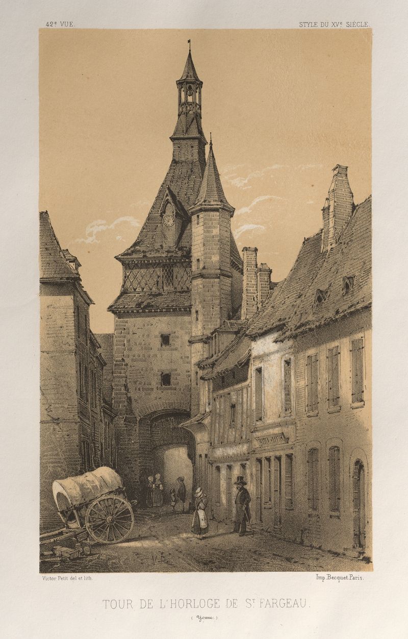 Landscape oil painting by Victor Petit featuring a clock tower, village, and river.