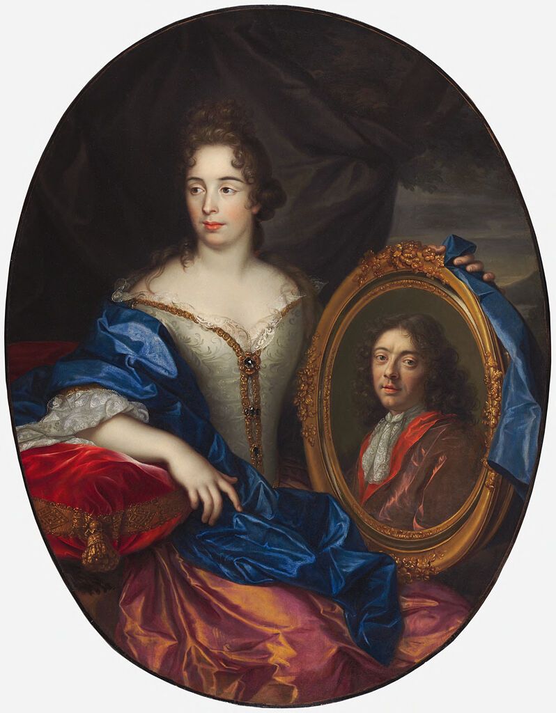 Retrato de una dama en óleo sobre lienzo de Pierre Mignard, destacando su elegante atuendo y luz suave.