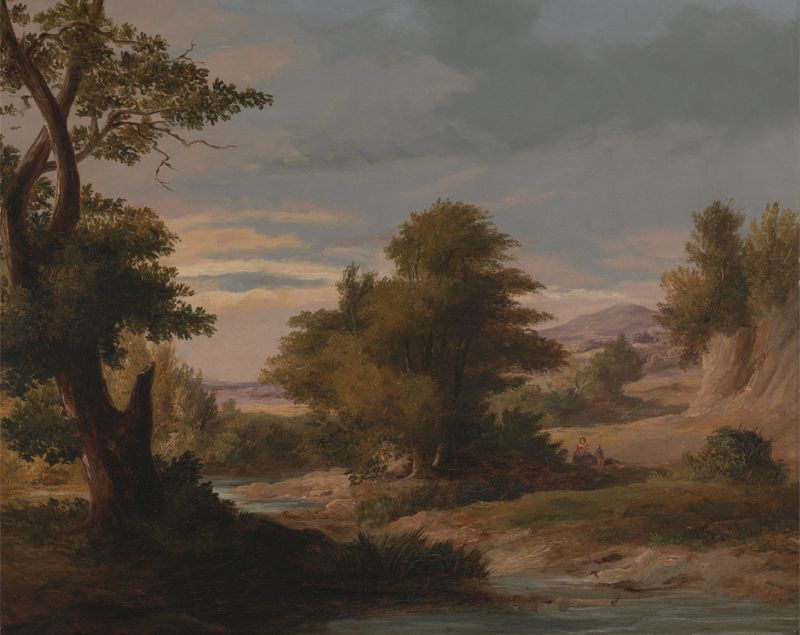 A Wooded River Landscape with Mother and Child, oil painting by James Arthur O'Connor