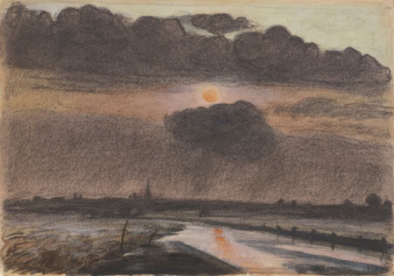 Sunset on the River by Oscar Bluemner, oil on canvas, depicting a river at sunset with golden reflections.