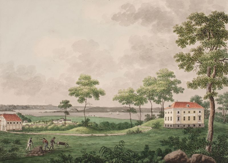 Landscape with lush greens and soft blue sky by Søren L. Lange, oil painting