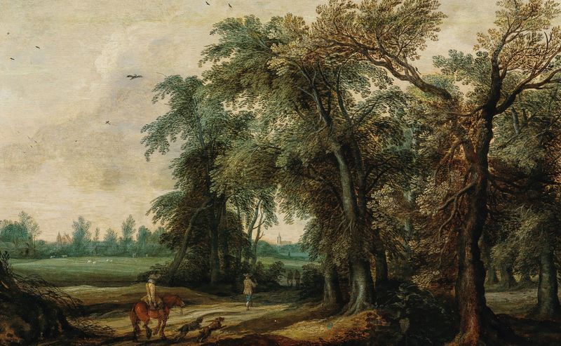 A wooded landscape with hunters, oil painting by Willem van den Bundel