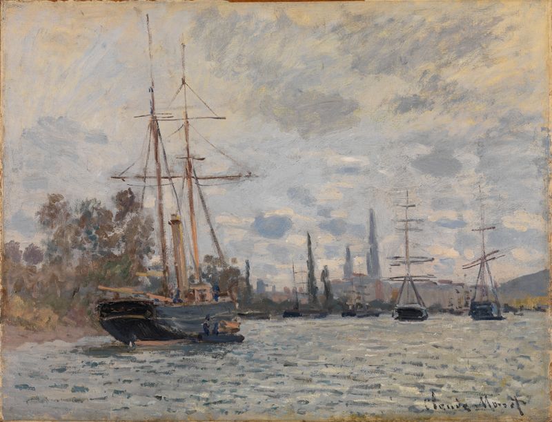 El Sena cerca de Ruan de Claude Monet, pintura al óleo que representa un paisaje fluvial con luz moteada.
