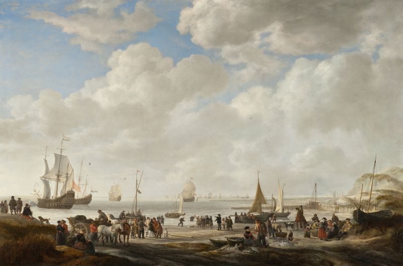 View of a Beach by Simon de Vlieger, oil on canvas depicting a serene sunset over gentle waves.
