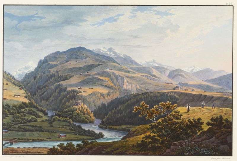 Paisaje alpino con río y bosque, óleo sobre lienzo de Johann Ludwig Bleuler
