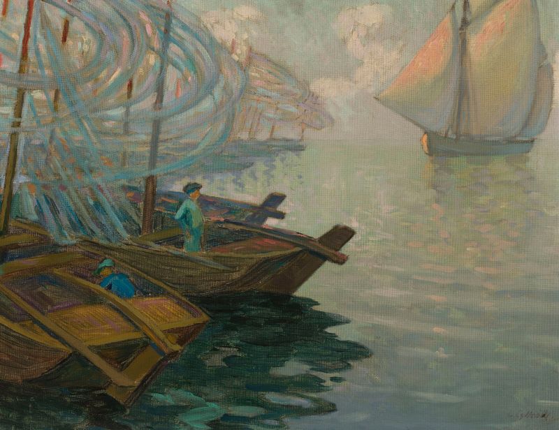 Composición abstracta con redes azules de Ludwik Cylkow, medio desconocido