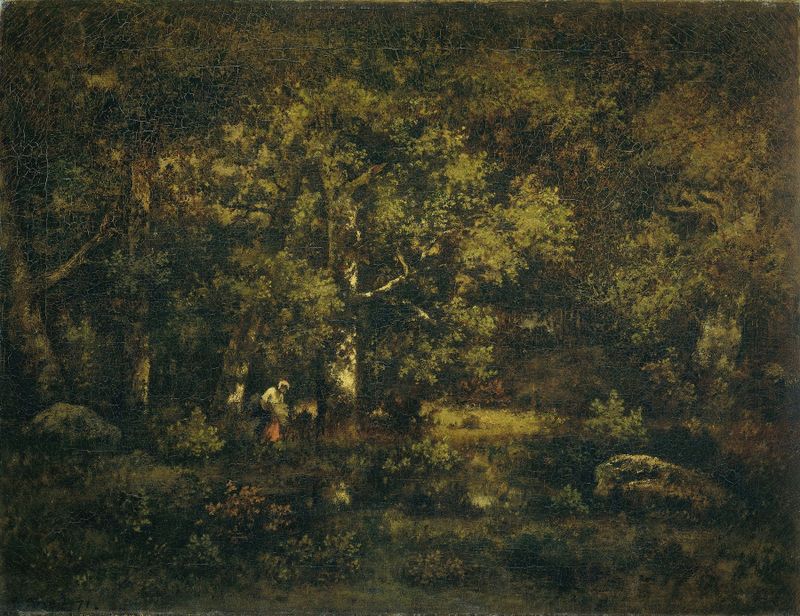 The Forest of Fontainebleau, oil on canvas by Narcisse-Virgile Diaz de La Peña, depicting a lush forest scene.