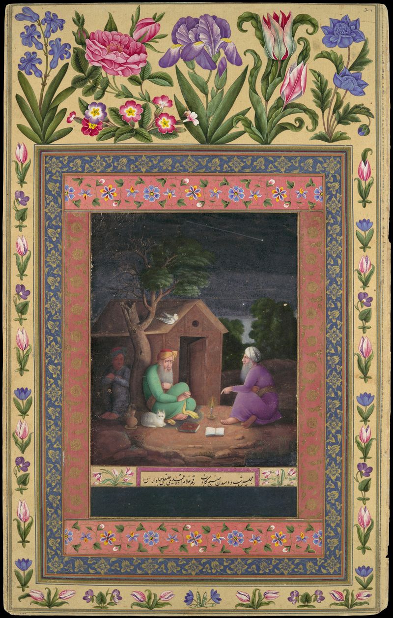Dos figuras en oro discutiendo fuera de una choza de Ali Quli Jabbadar