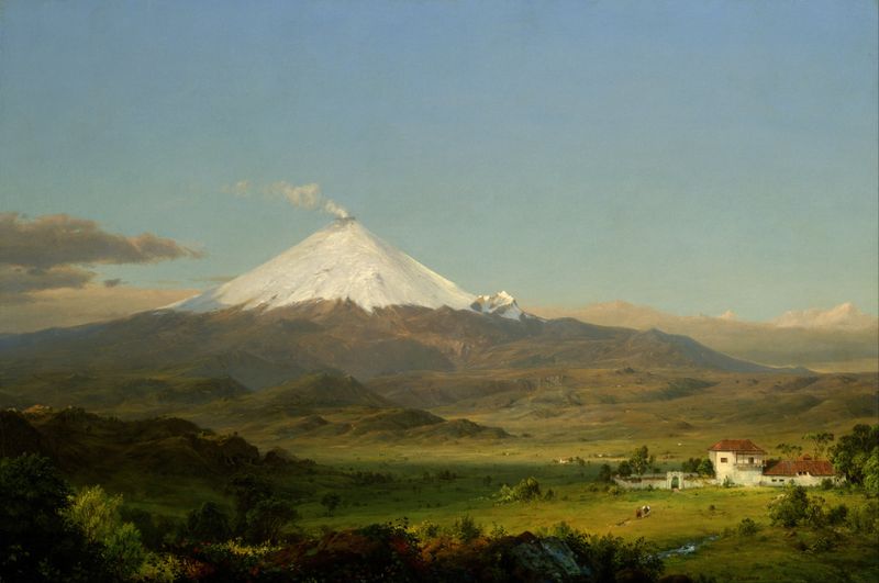 Cotopaxi oil painting by Frederic Edwin Church depicting a volcano under a stormy sky.