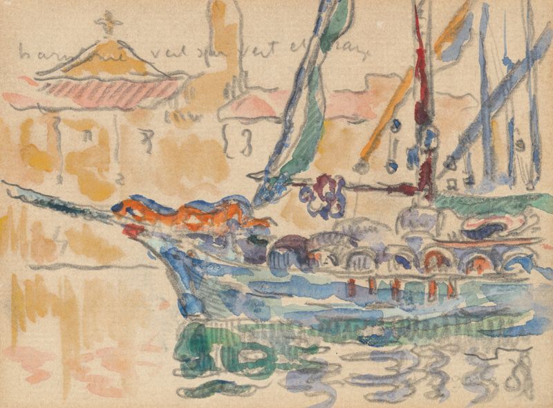 Saint-Tropez. Les tartanes de Paul Signac, óleo sobre tela representando barcos em mar cintilante