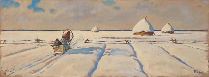 Sleigh in a snowy field, oil on canvas by Julian Falat