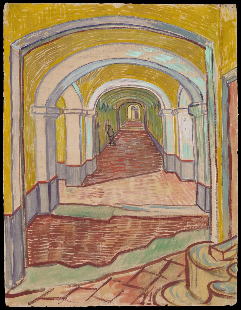 Corridor in the Asylum, oil on canvas by Vincent van Gogh, featuring a light-filled corridor with rustic wood.