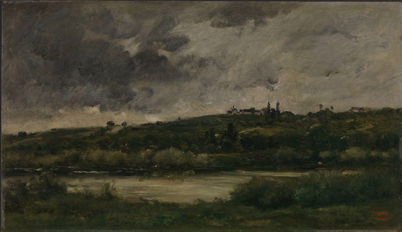 Paisaje de río de Charles François Daubigny, acuarela que representa un río sereno y reflejos del cielo.