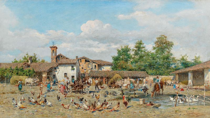 Paisagem com uma cena de vila e um caminho sinuoso de Enrico Bartezago, meio desconhecido.