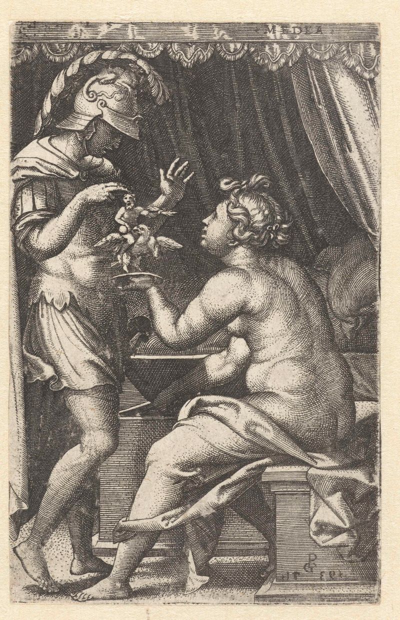 Grabado de Georg Pencz que representa a Medea con Ganimedes y un águila.