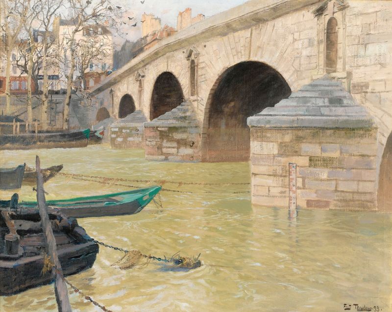 The Pont Marie, Paris by Frits Thaulow, oil painting depicting a bridge over a river.