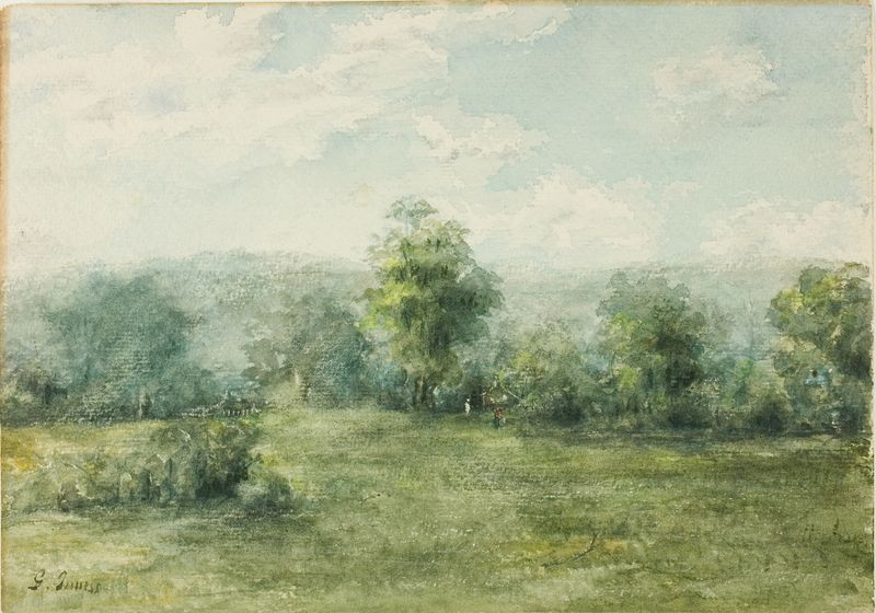 Pintura al óleo Paisaje de George Inness con colinas onduladas y un cielo dorado
