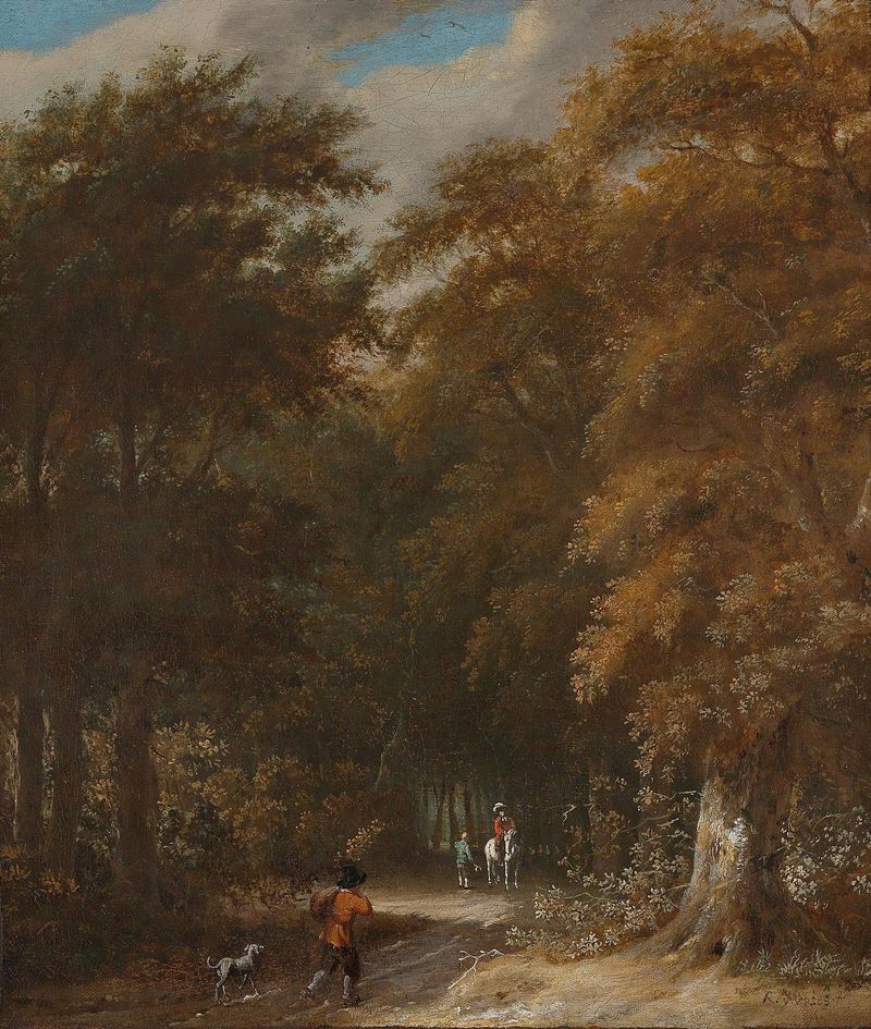 Forest landscape with a traveller and a rider on a white horse, oil painting by Roelof Jansz. van Vries